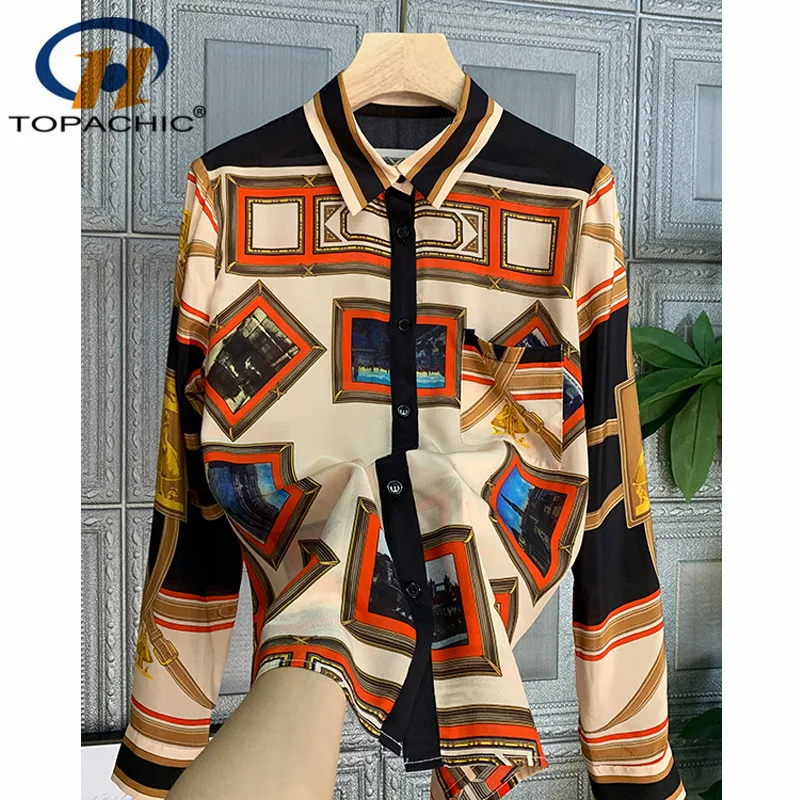 12.17 100% Silk Shirt Women Personality Contrast color Design Fashion Geometric pattern Turn-down collar long sleeve Blouses |