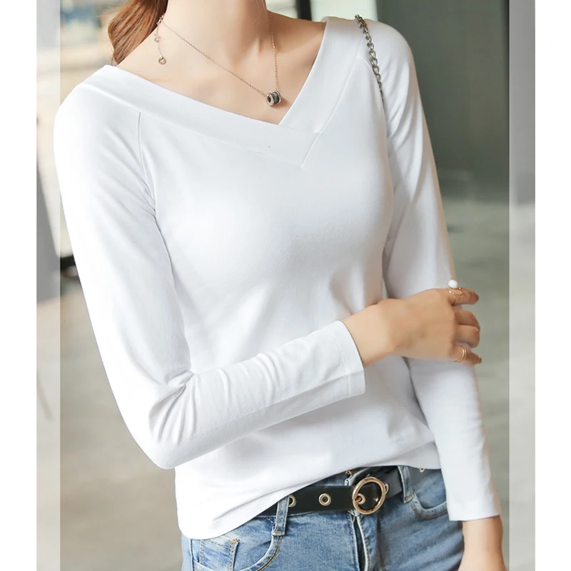 Vetement Femme 2019 Tshirts Cotton Women Korean Clothes Sexy Deep V-Neck T-Shirt Long Sleeve Casual T Shirt Female Womens Tops