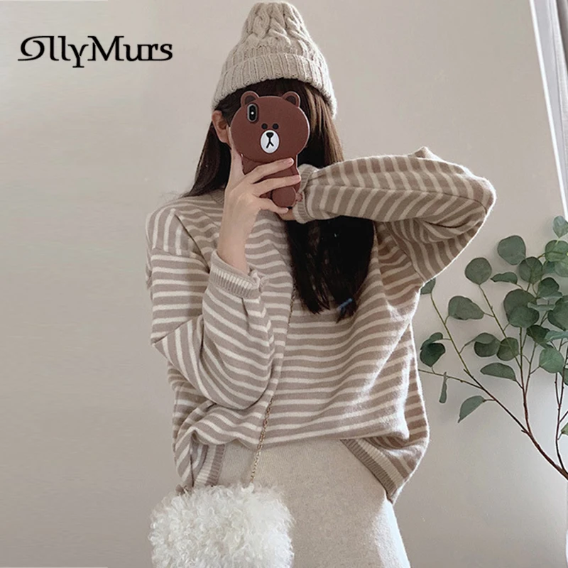 

Striped Chic Knitting Pullovers KM129 O-Neck Long Sleeve Women Fall Sweaters Casual Loose Female Jumpers Fashion Knit Sweater
