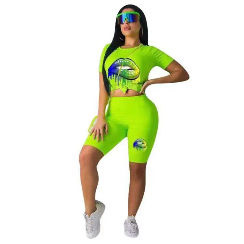 HAOYUAN Neon Green Lips две детали с принтом, комплект, спортивный костюм, топы и шорты, подходящий костюм, повседневный фестиваль, 2 предмета, наряды для женщин