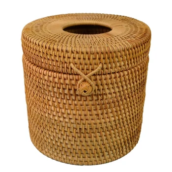 

New-Round Rattan Tissue Box Vine Roll Holder Toilet Paper Cover Dispenser For Barthroom,Home,Hotel And Office