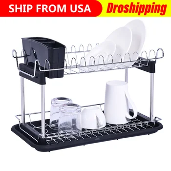 

2 Tiers Dish Drainer Stainless Kitchen Dish Rack Storage Shelf Washing Holder Basket Plated Knife Sink Drying Organizer Tools