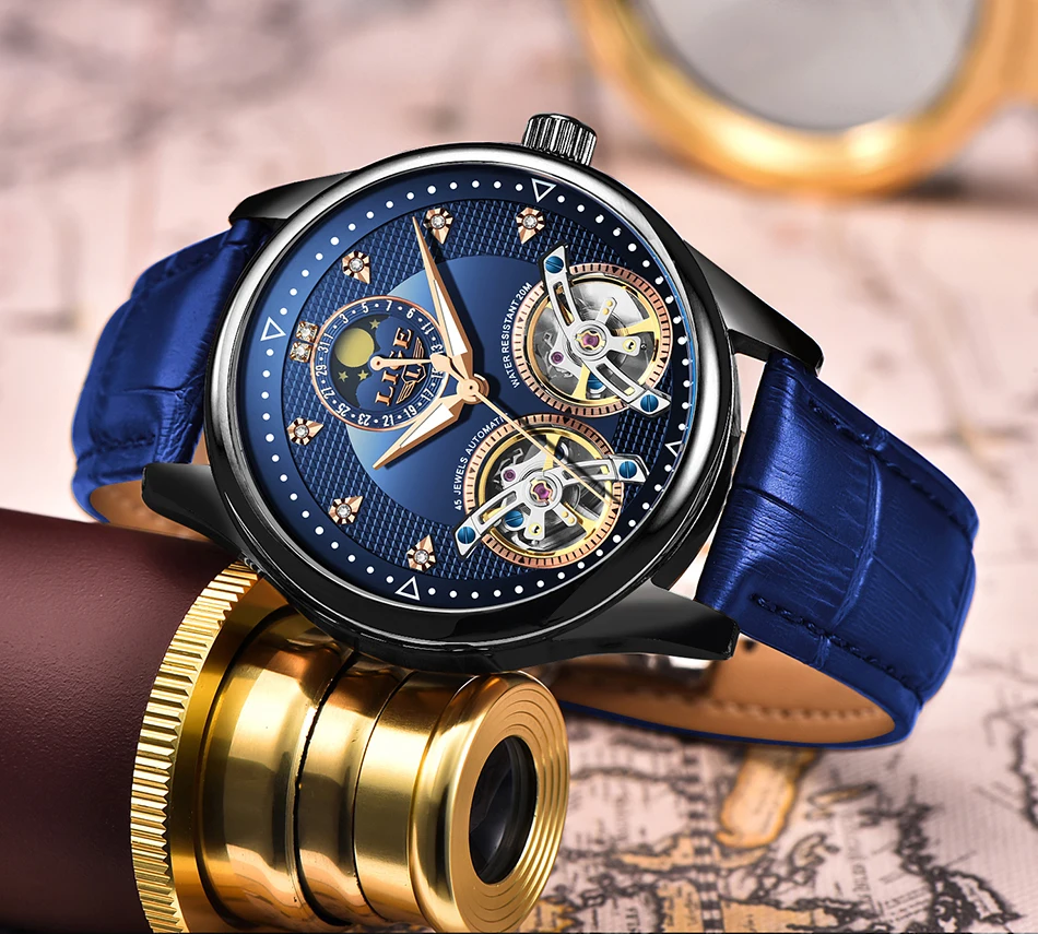 Reloj LIGE, двойной Tourbillon, швейцарские мужские часы, автоматические часы для мужчин, модные механические наручные часы с кожаным ремешком
