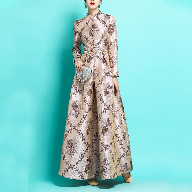 Lange Mouw Lange Maxi Herfst Winter Dress Party voor Vrouwen Boho Bloemen Jacquard Jurk Mode