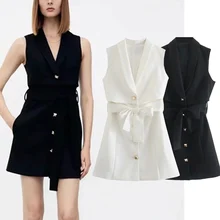 

Withered England Style Office Lady Fashion Solid Simple Sashes Notched Vest Elegant Sleeveless Balazer Women Jackets Vest Women