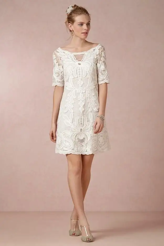 Elegante Half Sleeve Applicaties Borduren Lace Korte Trouwjurken 2015 Strand Vestidos De Noiva Curto w-5 Elegante Half Sleeve Applicaties Borduren Lace Korte Trouwjurken 2015 Strand Vestidos De Noiva Curto w-5