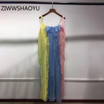 

ZIWWSHAOYU Summer Female Sweet Backless Spaghetti Strap Dresses Designer Women Ruffles Multicolor Pleated Dress Midi Dress