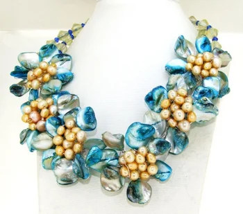 

Charm Crystal Blue Shell Mop Freshwater Pearl 6Flower Semi Precious Stone Bead Necklace 16\"