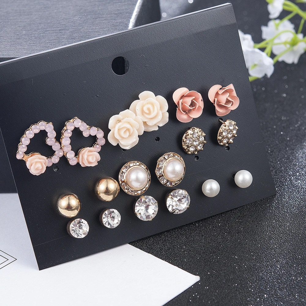 2019 New Fashion Women 9pair/set Flower Pearl Alloy Ear Earring Cute Crystal Wedding Jewelry Gifts For Girl korean fashion