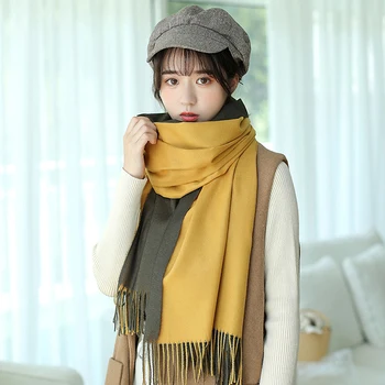 

10 Colors Winter Women Luxury Double-sided Patchwork Color Imitation Cashmere Scarves With Tassel 185*65CM Warm Long Shawl Scarf