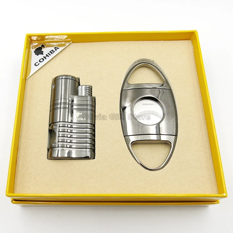 COHIBA металл четыре факел пламени газ сигарета зажигалка для трубки многоразового W/удар 2 режущий инструмент подарочный набор для курения - Цвет: Gray