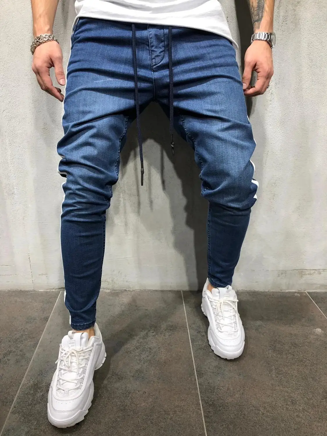 Мужские облегающие джинсы с боковой полосой в стиле хип-хоп, уличная одежда, тонкие хлопковые джинсы, мужские Эластичные Обтягивающие джинсы
