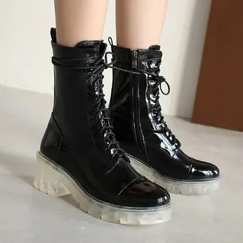 

2020 New Transparent sole Women Boots Fashion Pu Platform High Heel Ankle Boots Lace Up Zip Shoes Autumn Winter Ladies Shoes