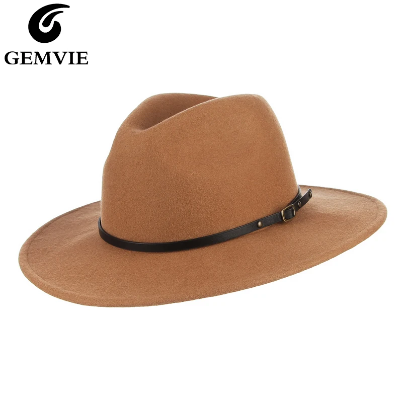 

GEMVIE Unisex Wide Flat Brim 100% Wool Hat Fedora Camel Felt Hat For Women Man Leather Bands Warm Winter Panama Hat Jazz Cap