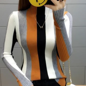 

Turtleneck Sweater Women's Pullover Shirt Long Sleeve Slim Shirt Rainbow Sweater Stripe Knitwear Fashion Slim Women Jumper