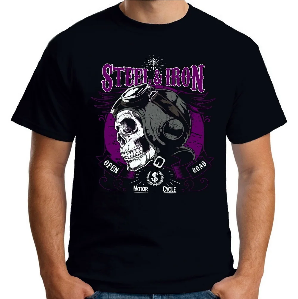 Velocitee Mens T-Shirt Steel &amp Iron Biker Motorcycle Skull Cotton Tee Shirt New Fashion |