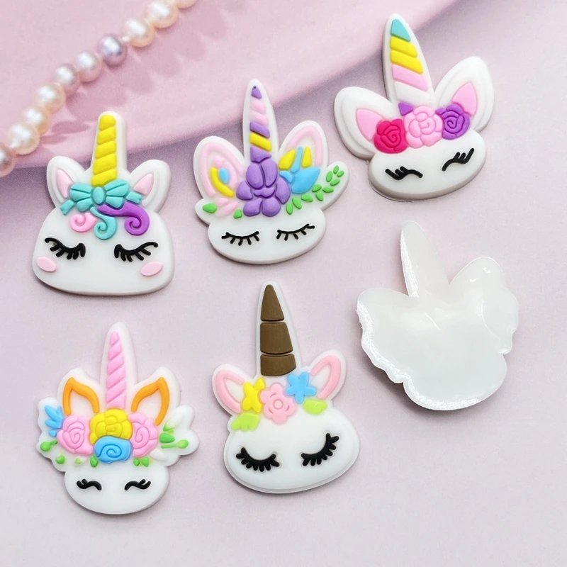 Ornament Crafts Miniature Figurines Miniature Ornament 12pcs Cute Mini Unicorn head PVC flexible glue Flat back DIY Scrapbook Embellishment Phone Craft Decoration E98