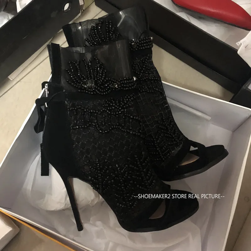 Runway Black Lace Crystal String Bead Sandals Women Cross-tied Peep Toe Thin High Heels Summer Shoes Sexy Party Dress Stilettos - Цвет: black