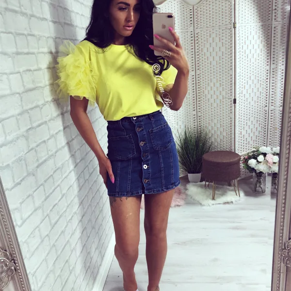 

New Style Women T-Shirts Short Sleeve Summer Mesh Tee Tops Ladies Party Casual Solid Short Petal Sleeve Fashion Hot Tees 2019