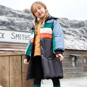 

Fashion stitching Girls down jackets children warm long sleeve Single-breasted outerwear modis kids winter down jackets Y2371