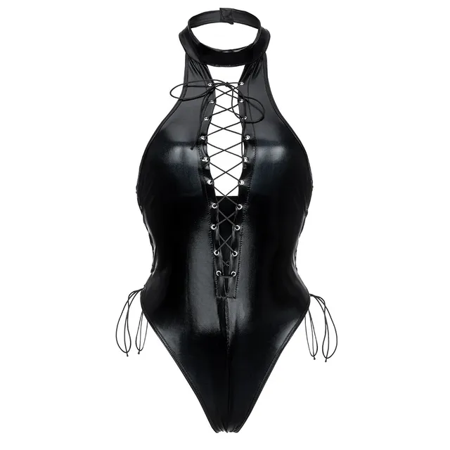 Women Sexy Bodysuits Lingerie Latex Leather Jumpsuits Bodycon Costume Playsuits Lace Up Camisole Performance Clubwear
