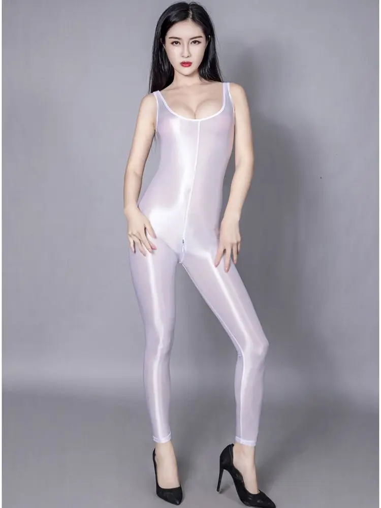

Glossy Shiny Sleeveless Zipper Open Crotch Bodysuit Tights Women Jumpsuit Transparent Hot Sexy Lingerie Body Clubwear Unitard