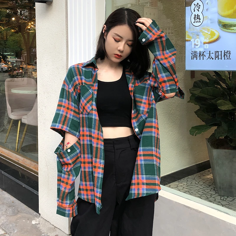 Green Plaid Летняя новинка, Женская винтажная рубашка в радужную клетку со съемным рукавом и рукавом летучая мышь, блуза с длинным рукавом, Harajuku, Топ большого размера, женские блузы - Цвет: Green Plaid