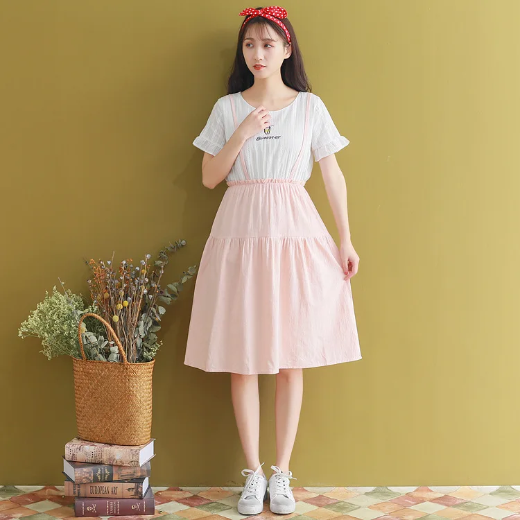 

Summer New Style WOMEN'S Dress College Style Embroidered Mock Two-Piece Hipster Suspender Strap Short Sleeve Mid-length Dress S2
