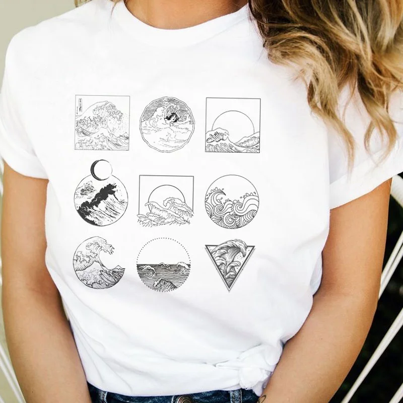Wave Chart Women's Retro Style T-Shirt Summer Casual Boho Aesthetic Graphic Tee Female Cute Top Cotton Tshirt | Женская одежда