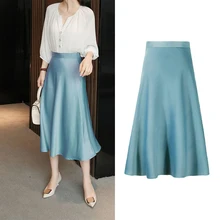 Summer women Midi Skirts Womens England Office Lady Satin High Waist Simple Elegant Long Skirt Women Faldas Mujer Moda 2021