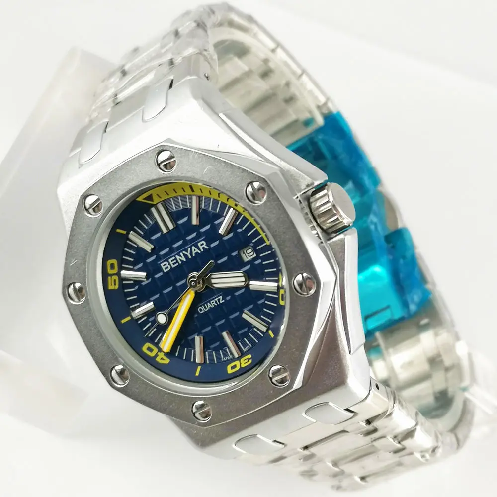 BENYAR Мужские часы Мужские 43 мм синий циферблат Кварцевые часы мужские повседневные водонепроницаемые спортивные наручные часы Relogio Masculino