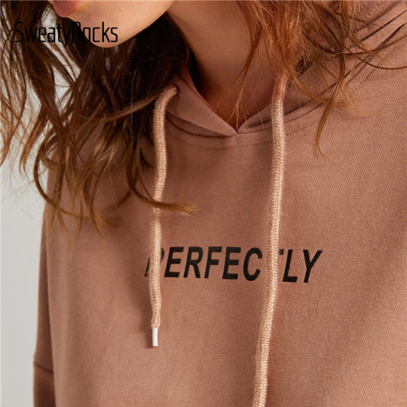 SweatyRocks худи цвета хаки с заниженным плечом, графическая Толстовка на шнурке, весна, толстовки больших размеров, повседневные женские толстовки с капюшоном