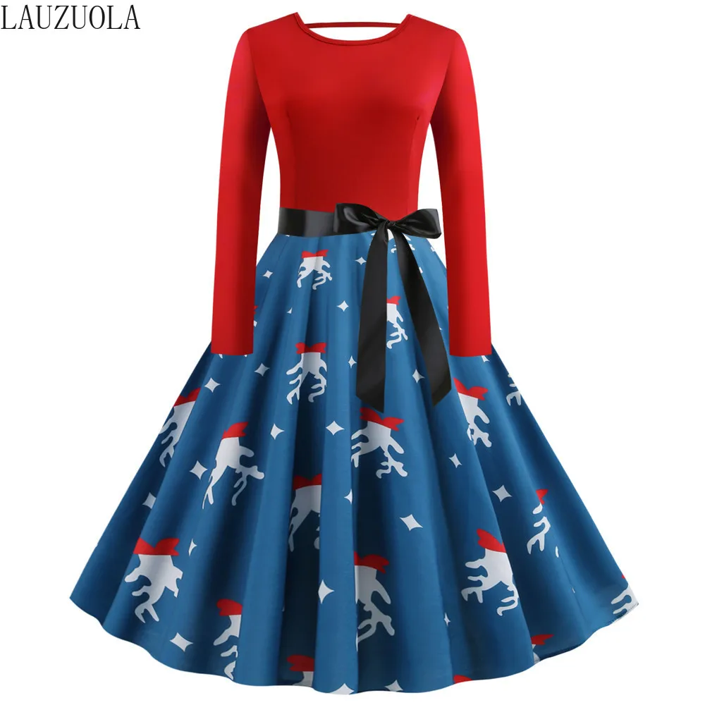 LAUZUOLA S~ 5XL Плюс размер женское зимнее рождественское платье осеннее с длинным рукавом с мультяшным принтом винтажное Pinup элегантное вечернее платье