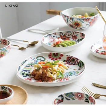 

Floral color glaze western plate ceramic steak snack plate creative home fruit plate dish Dish Tray Ceramic Crockery Dinnerware