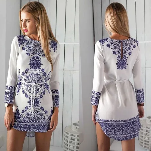 

Europe And America 2019 New Style Chinese-style Blue And White Porcelain Digital Printing Long-sleeved Dress with Belt