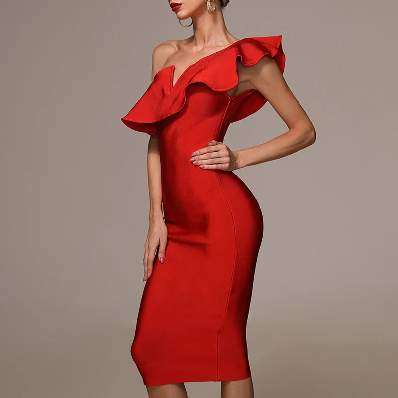 Женское асимметричное платье миди INDRESSME красное Бандажное с оборками на одно