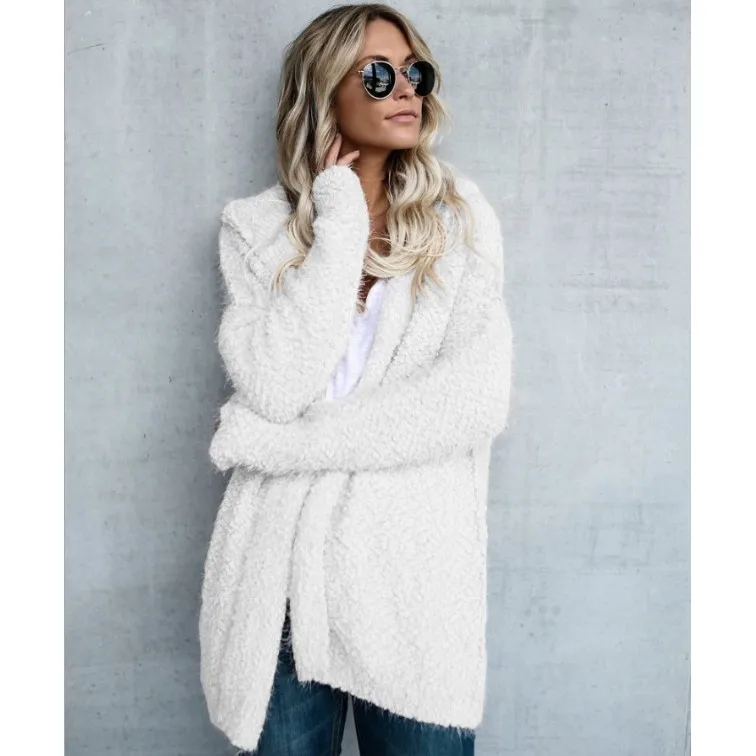 white Cardigans Женские осенние кардиганы с длинным рукавом, большие размеры, с капюшоном, с мехом, зимние, повседневные, свободные, верхняя одежда, пальто, кардиган, женские свитера, KDR93 - Цвет: white Cardigans
