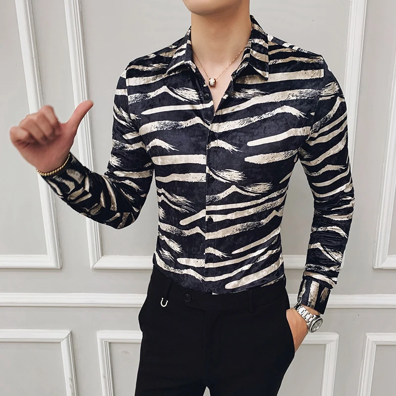 Зимние мужские рубашки роскошные велюровые повседневные облегающие рубашки с длинными рукавами черная полосатая Клубная рубашка мужские дизайнерские рубашки