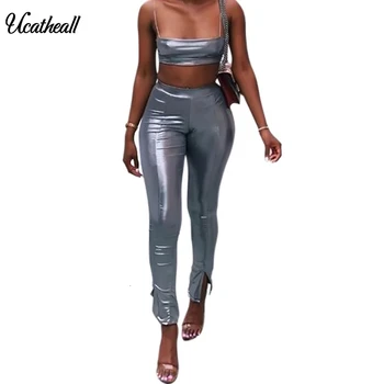 

Pure Women Sexy PU Leather Two Piece Set Deep Strap Crop Top + High Waist Pants Fashion Suits Night Club Outfits
