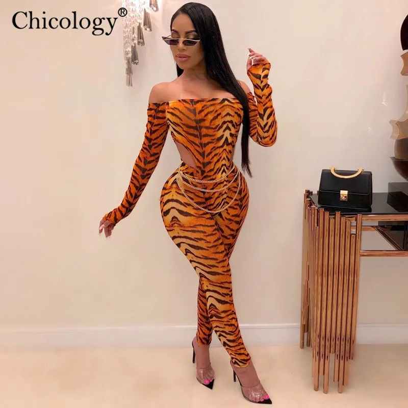 Chicology leopard off shoulder 2 two piece matching set women long sleeve bodysuit high waist pants 2019 autumn winter clothes | Женская