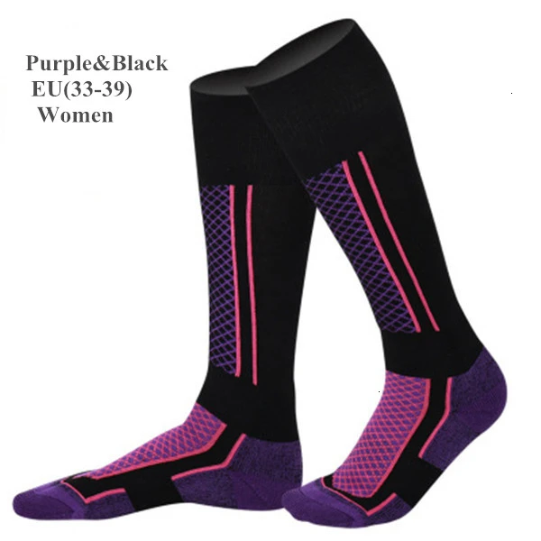 Высокое качество, теплые женские/мужские зимние лыжные спортивные носки, теплые длинные Лыжные носки для прогулок, пеших прогулок, спортивные махровые носки - Цвет: Women Purple Black
