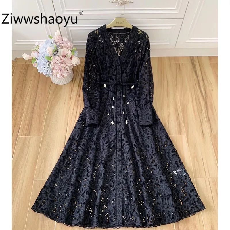 

Ziwwshaoyu Designer Brand Summer Sexy Party V-Neck Hollow Out Embroidery Black Long Sleeve Maxi Dresses Women's Clothing 2020