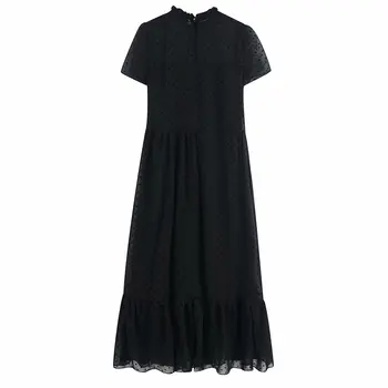 

Women Chic Dots Design Chiffon Black Midi Dress Short Sleeve Female Stylish Solid Mid Calf Dresses Summer Vestidos