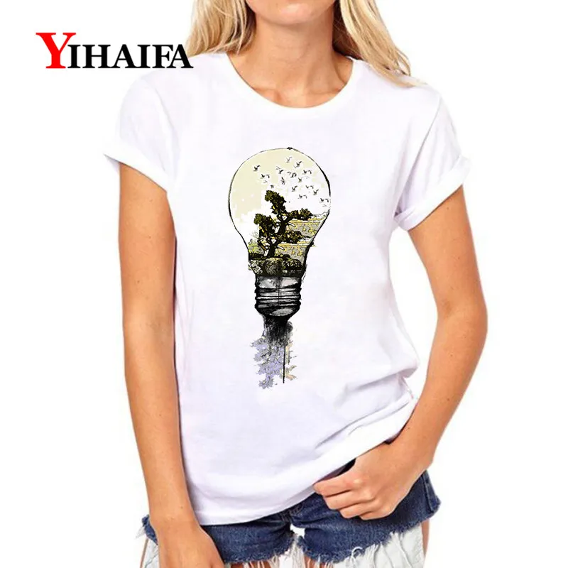 Женская футболка YIHAIFA белая с коротким рукавом и принтом в виде лампы