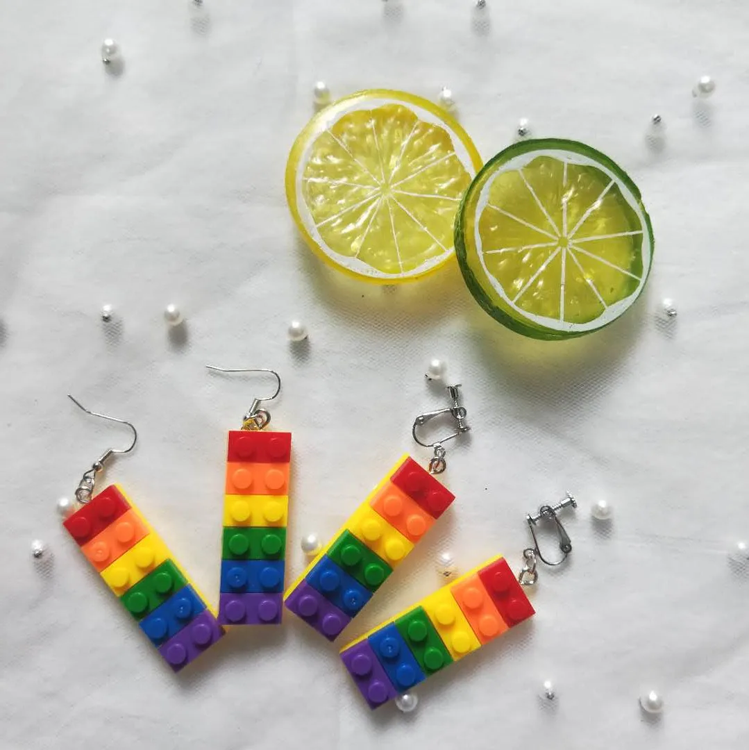 

South Korea INS Harajuku Wind Douyin Celebrity Style Earrings Fun Rainbow Building Blocks Clip-on Necklace Ornament Accessories