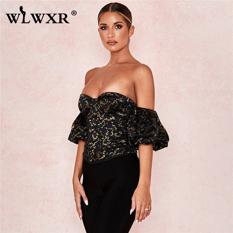 WLWXR без бретелек Bodycon сексуальный укороченный Топ для женщин на молнии с открытой спиной Slash шеи черная блузка рубашка женская с пышными рукавами Женская Клубная блуза