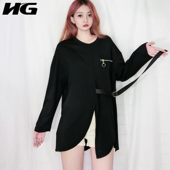 

HG Patchwork Irregular Solid Zipper T Shirt Women 2020 Autumn Casual Fashion Style Temperament All Match Women Clothes ZP3438