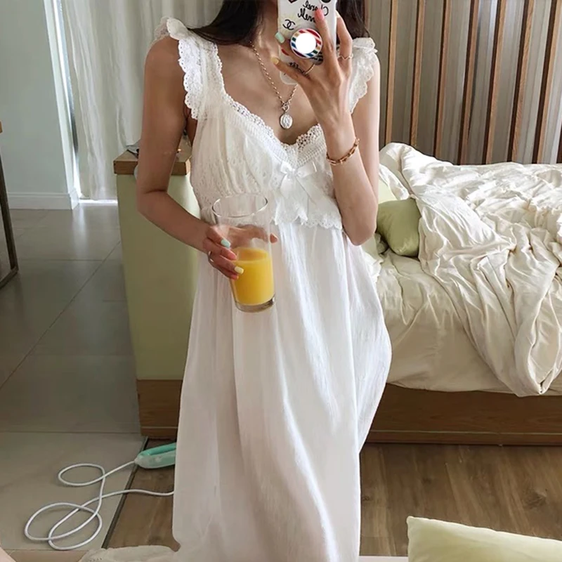 Summer Womens Princess Dress White Sleeveless Sleepshirts Vintage Lady Girls Nightgowns Nightdress Royal Style Pajamas Sleepwear women nightgowns,women nightdresses,women pajamas,sleeping dress