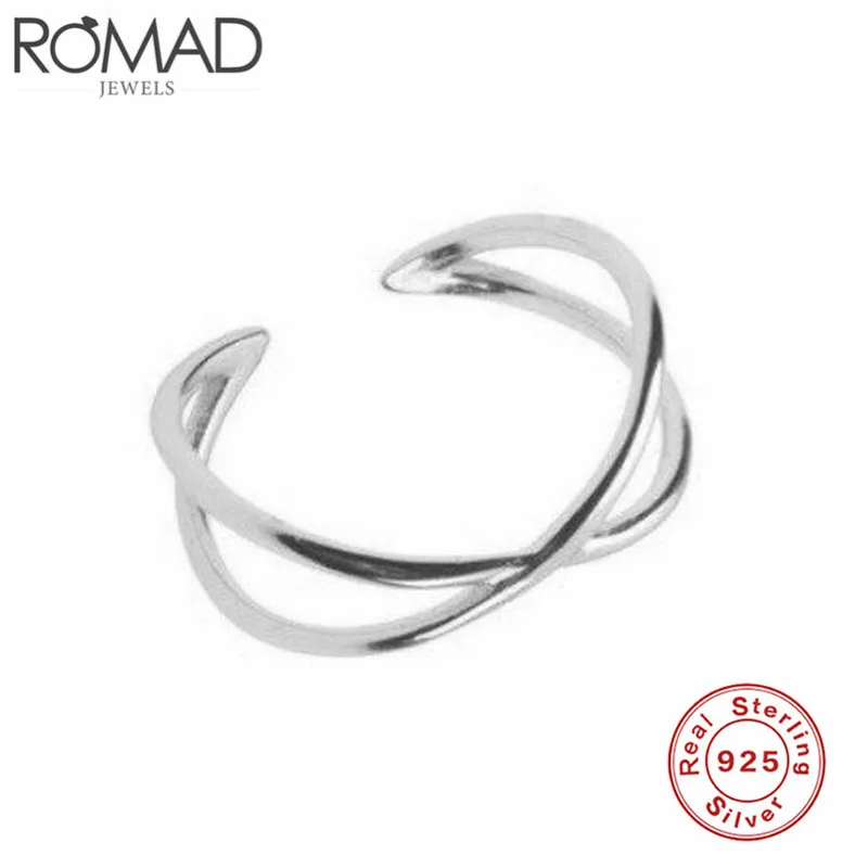 Серебристый ROMAD богемные винтажные кольца из стерлингового серебра 925 для женщин простой X полый крест кольцо Свадебные ювелирные изделия Регулируемые Антикварные кольца - Цвет основного камня: Серебристый