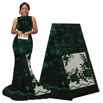 

Velvet lace fabric green sequin lace fabric 5 yards nigeria french lace fabrics 2020 high quality for wedding party dresses
